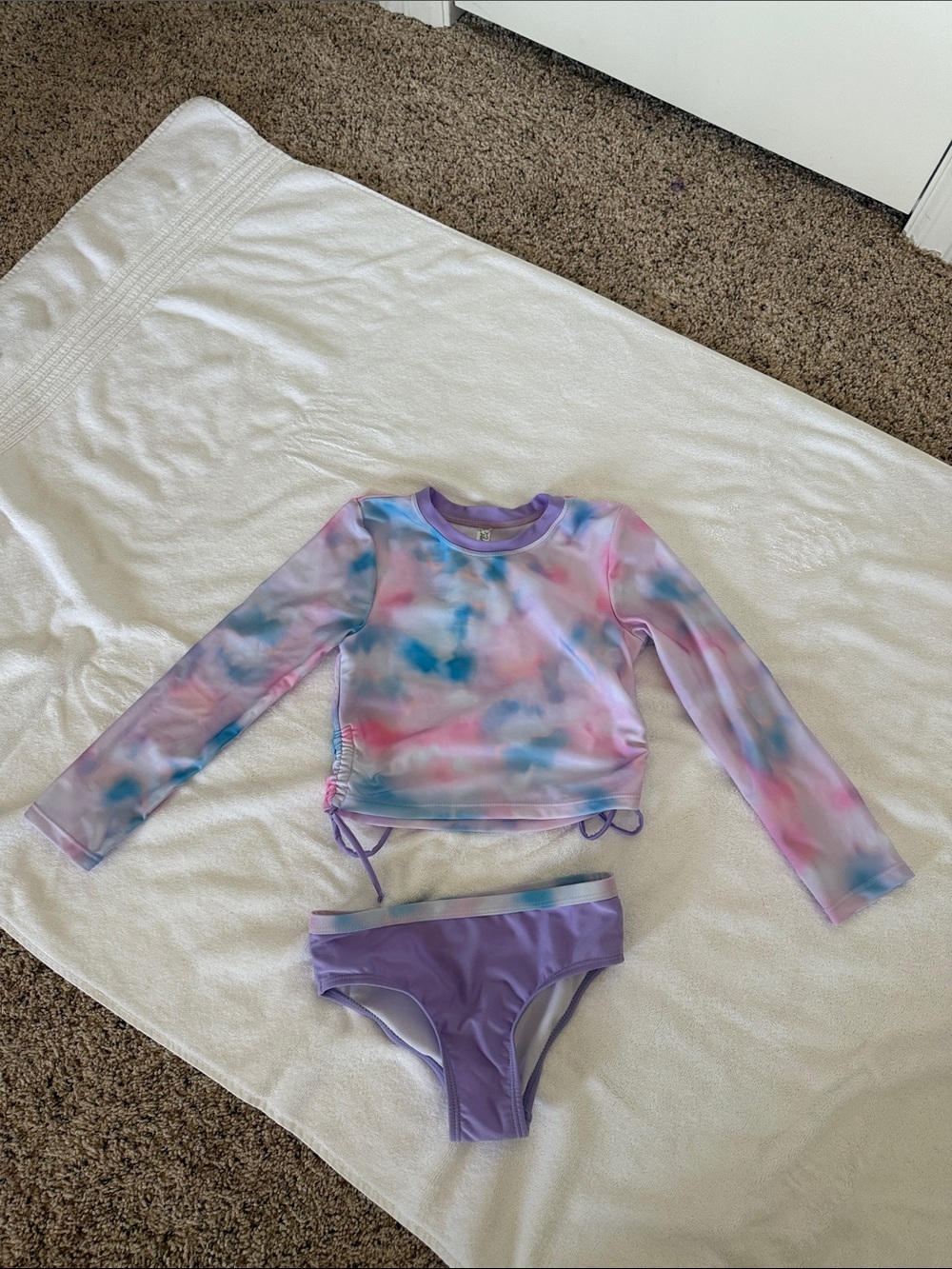 Wallflower Pastel Tie-Dye Long Sleeve Rash Guard with Lavender Bikini Bottoms